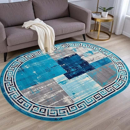 Distressed Blue Grey Greek Key Pattern Indoor Area Rug 9x12 for Living Room Bedroom Dining Room Faux Wool Anti Slip Floor Mats Nursery Entryway Minimalist Geometric Texture Bordered Rugs Retro Carpet