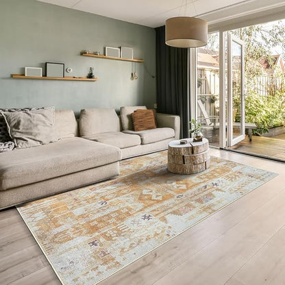 GLN Rugs Traditional Collection - Machine Washable Area Rug, Traditional Washable, Non Slip, Low Pile Chenille Rug, Living Room, Bedroom, Kitchen Rug (3' x 5' Sand/Light Gray)