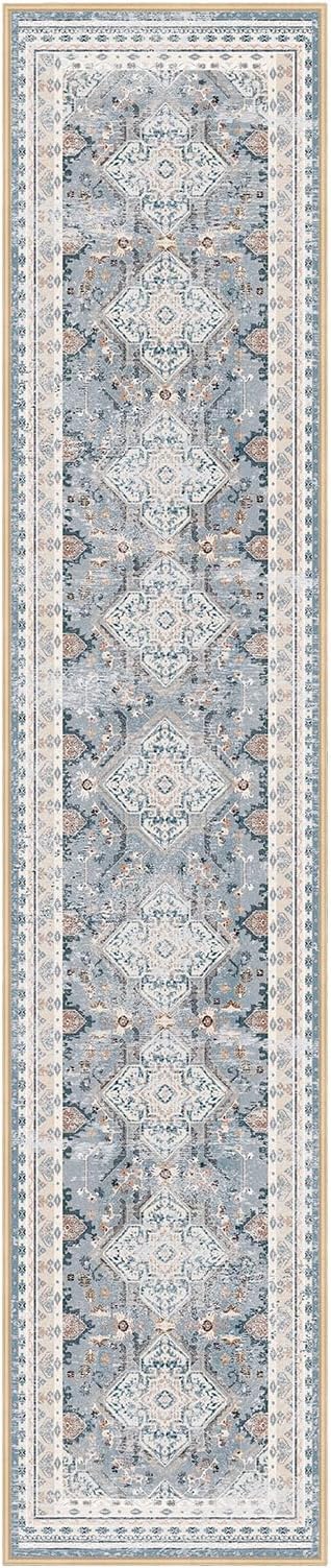 Phantoscope Washable Runner Rug 2'x8' Non-Slip, Vintage Neutral Hallway Rugs for Entryway, Stair, Bedroom, Distressed Boho Geometric Medallion Pattern, Low-Pile Foldable Carpet, Dusty Blue/Multi