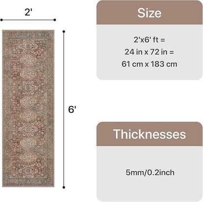 Bavni Washable Runner Rug 2x6, Non Slip Hallway Rug, Vintage Aesthetic Thin Low Pile Washable Carpet for Kitchen Bedroom Entryway, Brick