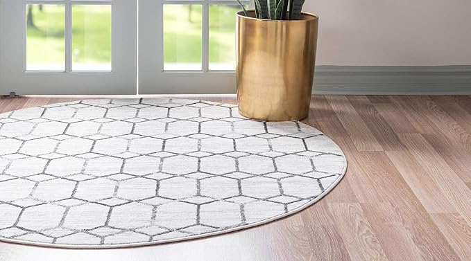 Rugs.com Lattice Trellis Collection Rug – 8 Ft Round White Low-Pile Rug Perfect for Kitchens, Dining Rooms