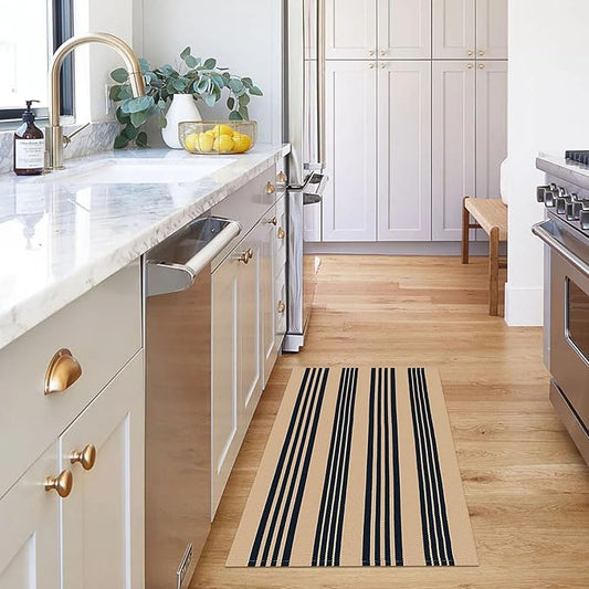 KOZYFLY Striped Front Door Mat 27.5x43 Inches Brown and Black Front Door Rug Cotton Washable Indoor Outdoor Rug Doormats Outdoor Small Striped Area Rugs for Kitchen Entryway Front Porch