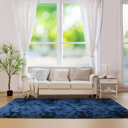 duduta 6x9 ft Navy Blue Rectangle Fluffy Rug, Tie-Dyed Shag Fuzzy Plush Rectangle Carpet for Bedroom Nursery Living Room Home Decor