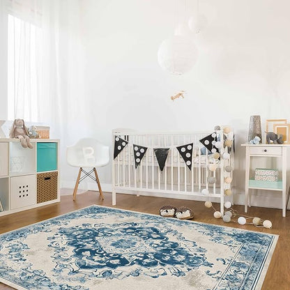 Blue Bohemian Rectangular Area Rugs for Living Room Bedroom 5 x 8 ft Vintage Farmhouse Floral Pattern Non-Shedding Soft Low Pile Rug Non Slip Washable Rug for Nursery Entryway Playroom