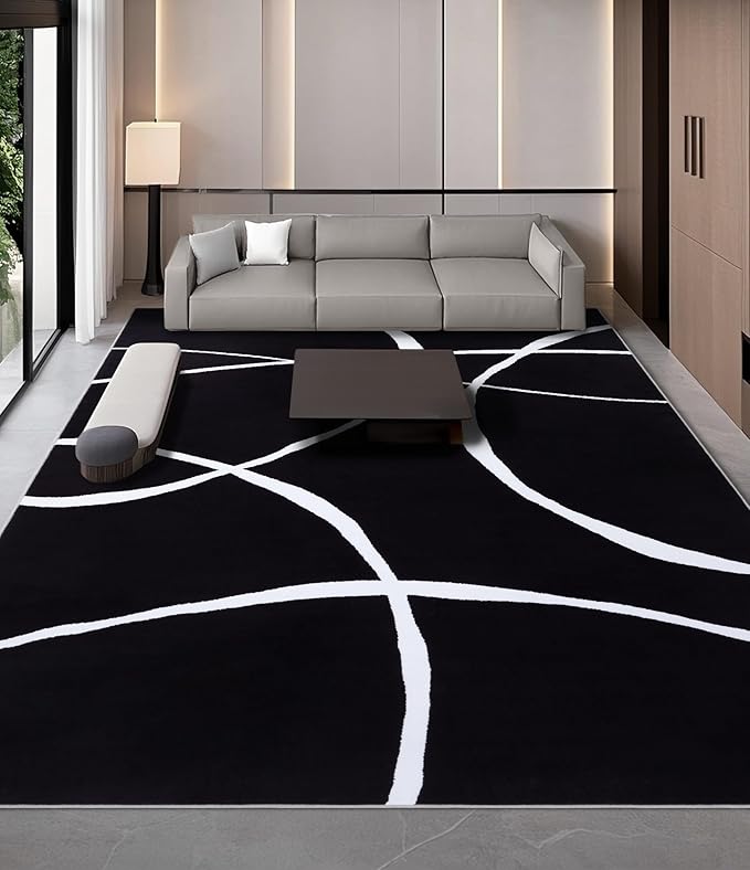 YIHOUSE Modern Washable Area Rug for Living Room Bedroom - Large Abstract Black and White Rug Non-Slip Ultra-Thin Home Decor (Dark Curve, 6'x9'ft)