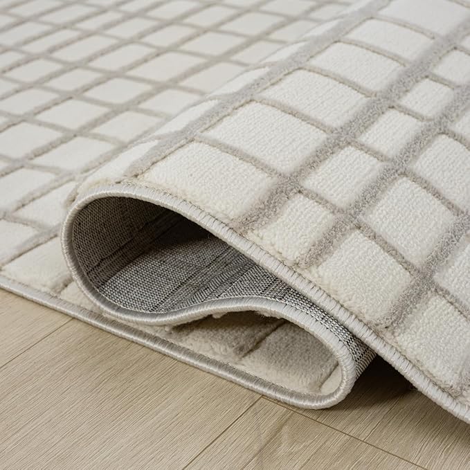 Abani Cream Grid Textured Area Rug - 6' x 9' - Chunky, Plush and Soft Washable Carpet - Perfect for Living Room & Bedroom - Plush Deco Collection