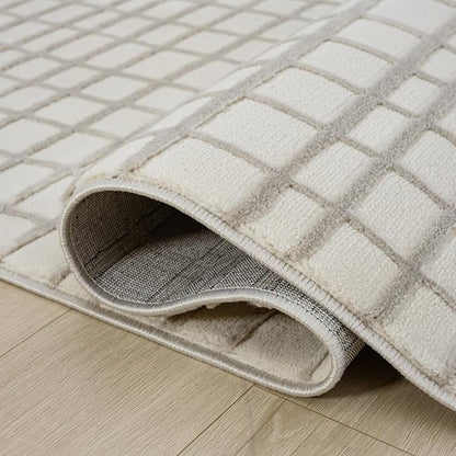 Abani Cream Grid Textured Area Rug - 4' x 6' - Chunky, Plush and Soft Washable Carpet - Perfect for Living Room & Bedroom - Plush Deco Collection