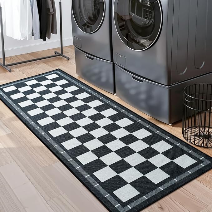 Vasofe Jute Checkered Runner Rug, 2x6 Black and White Washable Rugs, Modern Runners for Hallway Non-Slip Kitchen Mat, Farmhouse Checkerboard Indoor Outdoor Carpet for Porch Laundry Entryway