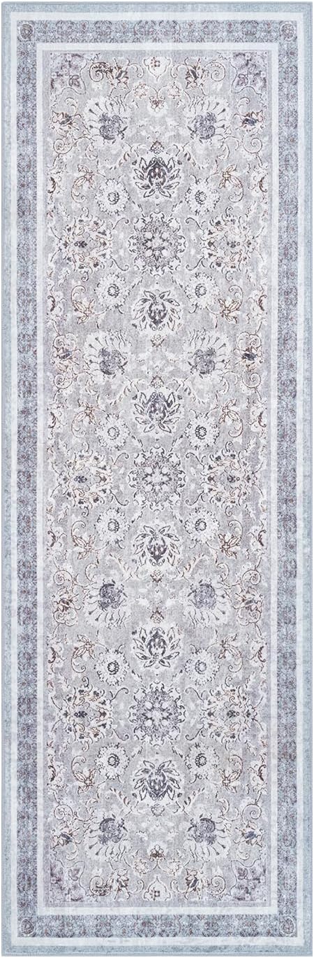 Phantoscope Washable Runner Rug 2'x6' Non-Slip, Vintage Neutral Hallway Rugs for Entryway, Stair, Bedroom, Distressed Boho Floral Medallion Pattern, Low-Pile Foldable Carpet, Light Grey/Neutral