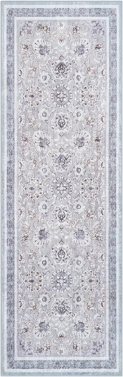 Phantoscope Washable Runner Rug 2'x6' Non-Slip, Vintage Neutral Hallway Rugs for Entryway, Stair, Bedroom, Distressed Boho Floral Medallion Pattern, Low-Pile Foldable Carpet, Light Grey/Neutral