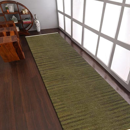 Rugsotic Carpets Hand Woven Flat Weave Kilim Wool ECO-Friendly Area Rugs - 2'6''x8', Runner Shape, Olive Color, Solid Plain Design, Low Pile Handmade Area Rugs for Living Room, Bed Room (D00111)