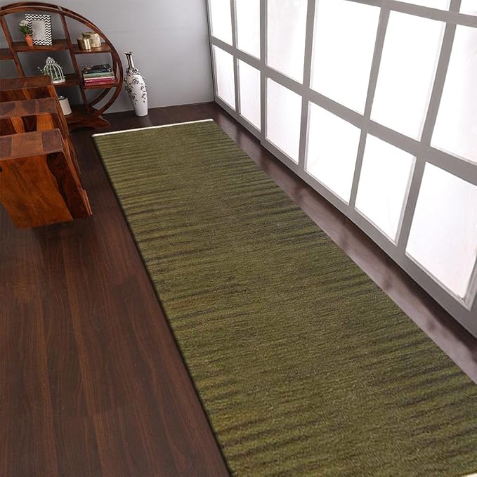 Rugsotic Carpets Hand Woven Flat Weave Kilim Wool ECO-Friendly Area Rugs - 2'6''x10', Runner Shape, Olive Color, Solid Plain Design, Low Pile Handmade Area Rugs for Living Room, Bed Room (D00111)