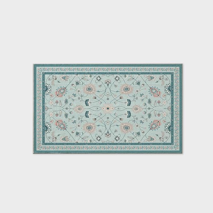 EVERGRACE Area Rugs for Living Room 3x5, Boho Floral Faux Wool Indoor Outdoor Rugs, Washable Rugs for Bedroom Entryway Dining Room Hallyway, Low Pile Floor Mat Carpet for Home Decor, Pale Blue