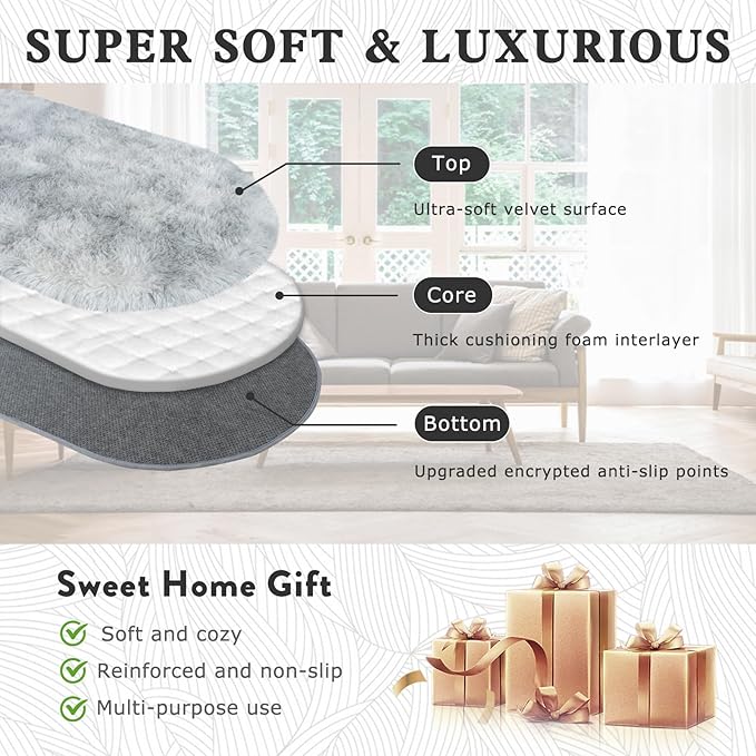 Soft Fluffy Area Rug for Bedroom, Fuzzy Shaggy Oval Throw Rugs for Bedside, Non-Slip Cozy Plush Shag Carpet for Kids Room Nursery Dorm Living Room, Tie-dye Grey, 2.6 x 5.3 Feet, 2 Packs