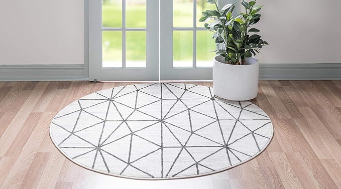 Rugs.com Lattice Trellis Collection Rug – 3 Ft Round White Low-Pile Rug Perfect for Kitchens, Dining Rooms