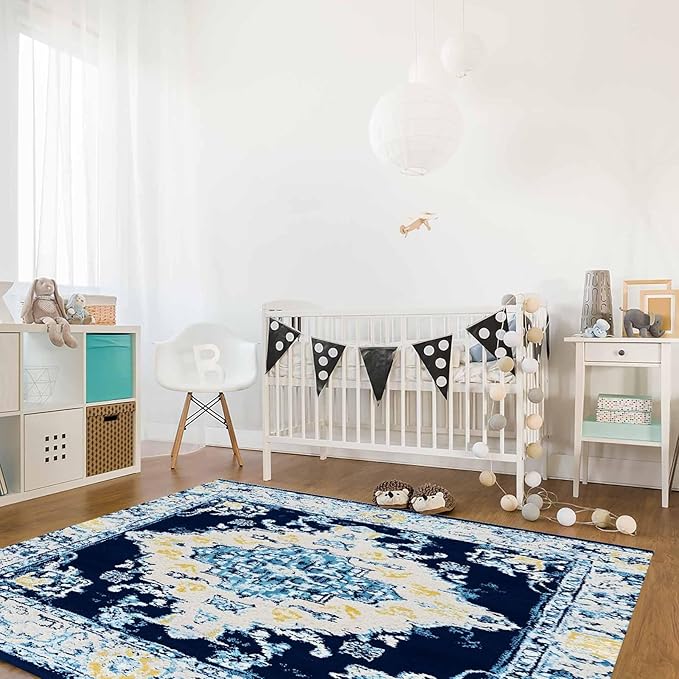 Bohemian Pattern Rectangular Area Rugs for Living Room Bedroom 5 x 8 ft Blue & Yellow Abstract Non-Shedding Soft Low Pile Rug Non Slip Washable Rug for Nursery Entryway Playroom