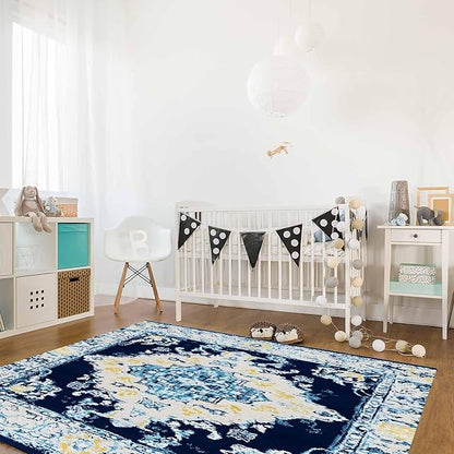 Bohemian Pattern Rectangular Area Rugs for Living Room Bedroom 5 x 8 ft Blue & Yellow Abstract Non-Shedding Soft Low Pile Rug Non Slip Washable Rug for Nursery Entryway Playroom