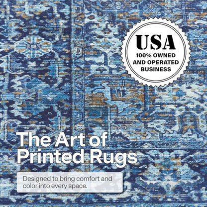 ReaLife Rugs Machine Washable Area Rug - Living Room Bedroom Bathroom Kitchen Entryway Office - Padded Low Pile Stain Resistant Premium - Boho Vintage Traditional - Lyle - Blue 5' x 7'
