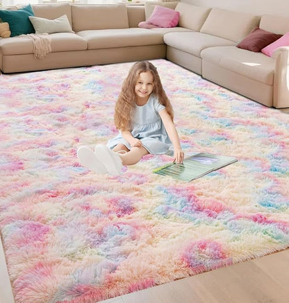 Beglad Fluffy Area Rugs 4x6 Feet, Modern Minimalist Style Shag Rugs, Non-Slip Indoor Carpet Soft Rugs for Bedroom, Living Room & Kids Room, Rainbow