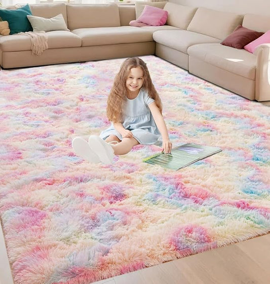 Beglad Fluffy Area Rugs 4x6 Feet, Modern Minimalist Style Shag Rugs, Non-Slip Indoor Carpet Soft Rugs for Bedroom, Living Room & Kids Room, Rainbow