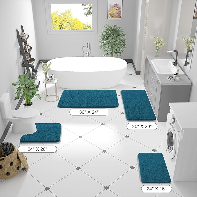 OLANLY Bathroom Rugs 47x20, Extra Soft Absorbent Chenille Bath Rugs, Rubber Backing Quick Dry, Machine Washable Bath Mats for Bathroom Floor, Tub and Shower, Home Decor Accessories, Peacock Blue