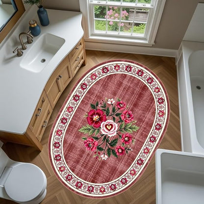 Retro Country Distressed Burgundy Green Florals Texture Bordered Rugs 7x9 for Living Room Bedroom Dining Room Soft Washable Non Skid Area Rug Guestroom Kitchen Doormats Rustic Indoor Oval Carpet
