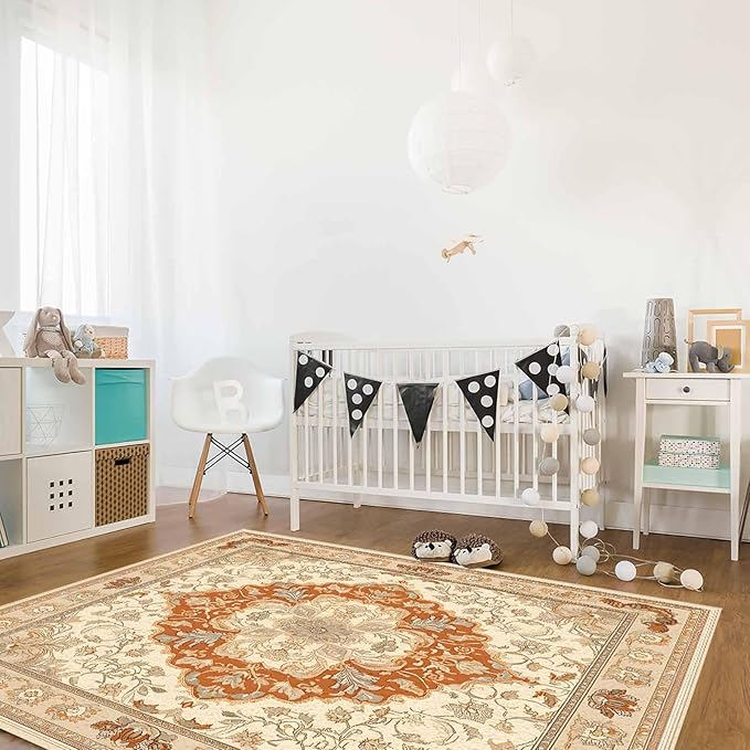 Orange Bohemian Rectangular Area Rugs for Living Room Bedroom 5 x 6.9 ft Vintage Farmhouse Floral Pattern Non-Shedding Soft Low Pile Rug Non Slip Washable Rug for Nursery Entryway Playroom