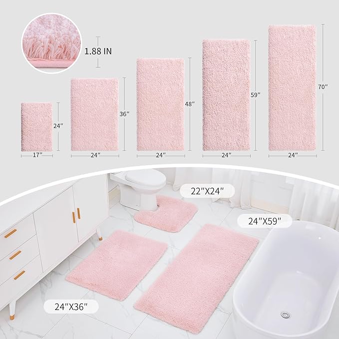 Bathroom Runner Rug 24x70 Pink Non Slip Fluffy Long Bath Mat for Bathroom Floor Washable Plush Luxury Bath Rug for Tub Absorbent Shower Sink Mat Bedside Rug