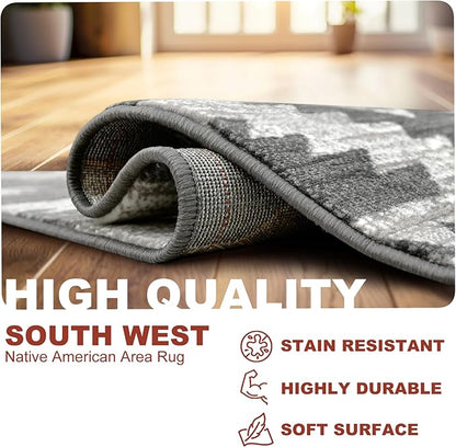 YHSF South West Native American Rug Ritz – Native Tribal American Indian Inspired Rug - Living Room, Bedroom, Hallway, Entryway & High-Traffic Area Rugs - Washable - Soft - Dark Grey, 5 Feet x 7 Feet