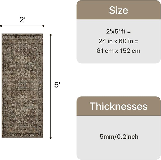 Bavni Washable Runner Rug 2x5, Non Slip Vintage Hallway Runner, Ultra Thin Low Pile Washable Carpet for Kitchen Entryway Bedroom, Brown