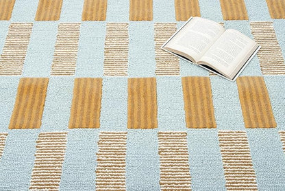 Hand-Tufted Wool Rug with Scalloped Edges, Light Blue Plaid Pattern, Cozy Soft Area Rug for Living Room, Bedroom, and Nursery, Handmade Modern Accent Rug, 7x7 Ft (Square)
