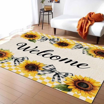 Summer Sunflowers Rectangular Welcome Area Rugs for Living Room Bedroom 3 x 5 ft Bow Tie Plaids Non-Shedding Soft Low Pile Rug Rustic Linen Non Slip Washable Rug for Nursery Entryway Playroom