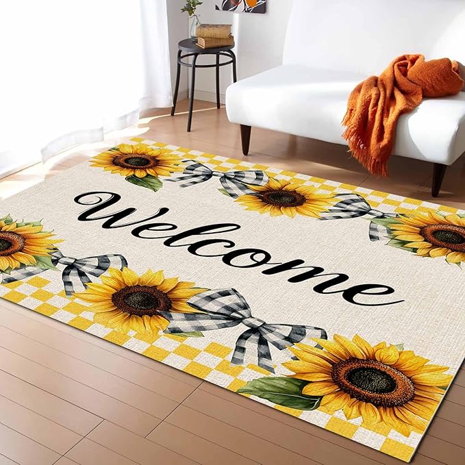 Summer Sunflowers Rectangular Welcome Area Rugs for Living Room Bedroom 2.8 x 5 ft Bow Tie Plaids Non-Shedding Soft Low Pile Rug Rustic Linen Non Slip Washable Rug for Nursery Entryway Playroom