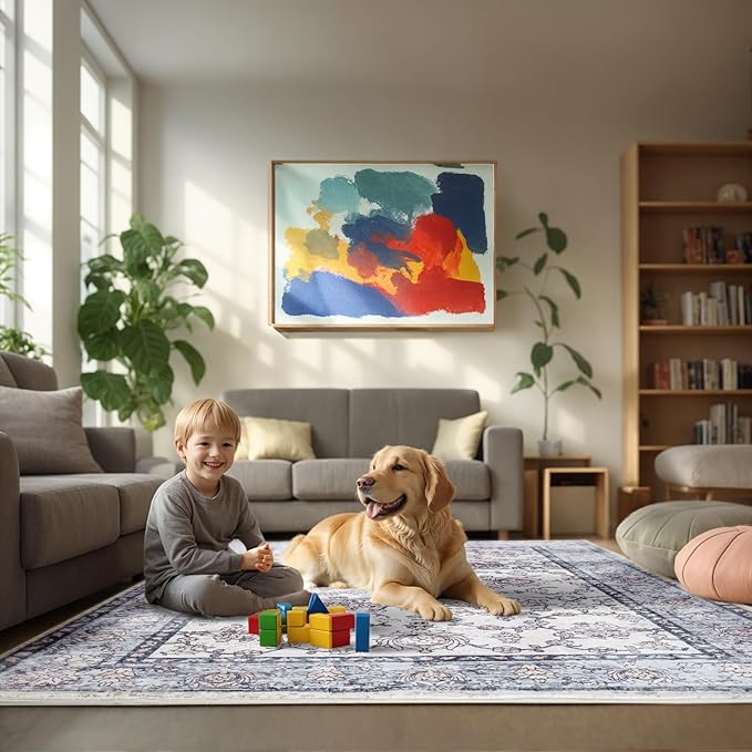 Area Rug for Living Room, 6x9 Machine Washable Non Slip Large Faux Wool Throw Rug, 0.3″ Low Pile & Non-Shedding Boho Large Carpet Rugs for for Dining Room, Bedroom, Office (Gray Purple)