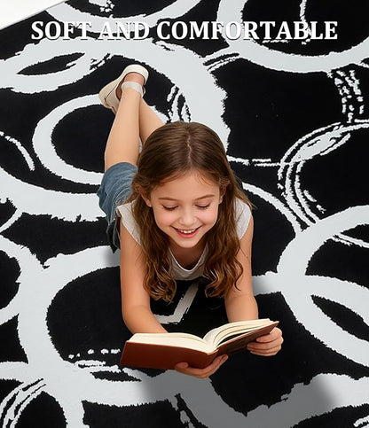 YIHOUSE Black Modern Geometric Area Rug 8x10, Black and White Rug with Abstract Circles,Non-Shedding Washable Rugs for Bedroom, Home Office and Living Room