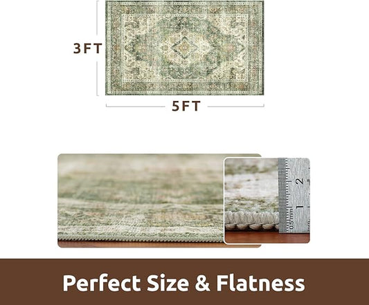 AMOAMI-3X5 Area Rug-Soft Washable Vintage Throw Accent Rugs for Living Room, Entryway, Bedroom, Kitchen, Bathroom, Laundry Room, Kitchen, Bathroom, Bedside, No Slip Green