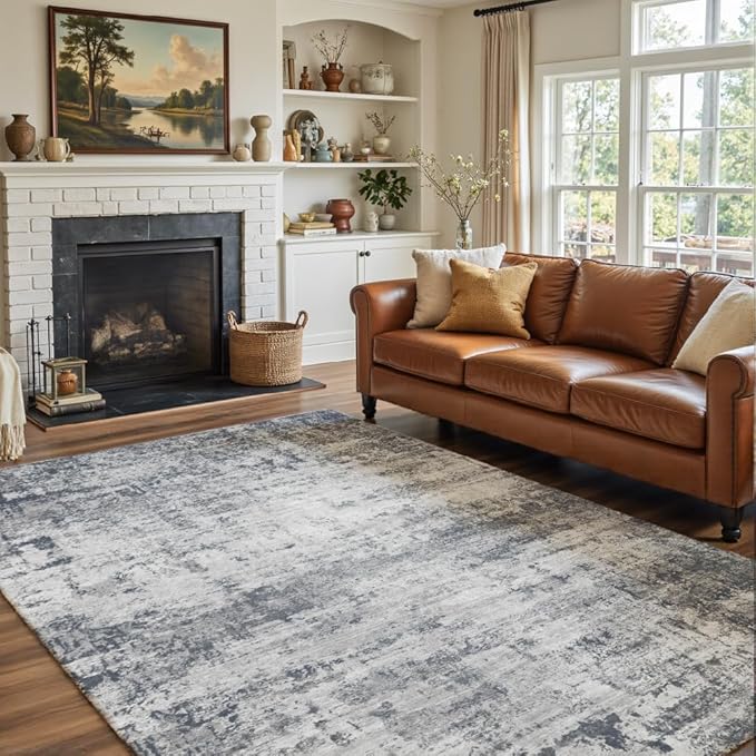 Area Rug 5x7 Washable Rug Black for Living Room, Dining Room, Bedroom, Large Carpets, Non Slip & Non-Shedding Low Pile Vintage Print Rug for Home Office Decor