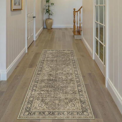 2x7 Washable Brown Runner Rug Vintage Hallway Kitchen Carpet Non-Slip Soft Low Pile Distressed Throw Rug for Bedroom Bathroom Laundry Living Room