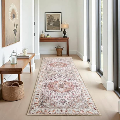 Runner Rug 2×6, Machine Washable Non-Slip Vintage Area Rug, Low Pile, Indoor Carpet Printed Floral Rugs for Living Room, Entryway, Kitchen, Bedroom,Beige
