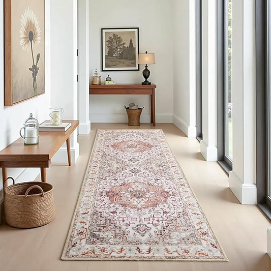 Runner Rug 2×6, Machine Washable Non-Slip Vintage Area Rug, Low Pile, Indoor Carpet Printed Floral Rugs for Living Room, Entryway, Kitchen, Bedroom,Beige