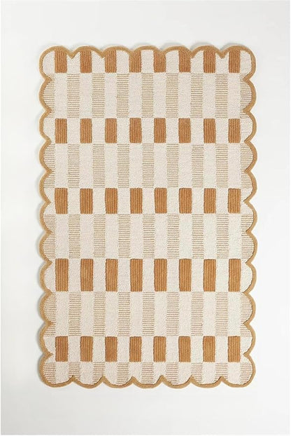 Hand-Tufted Wool Rug with Scalloped Edges, Light Blue Plaid Pattern, Cozy Soft Area Rug for Living Room, Bedroom, and Nursery, Handmade Modern Accent Rug (Neutral, 6X9 FEET)