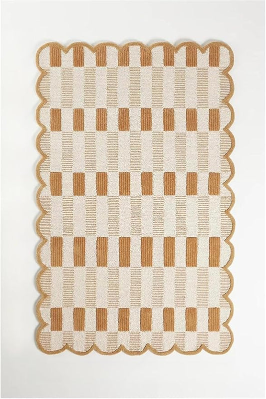 Hand-Tufted Wool Rug with Scalloped Edges, Light Blue Plaid Pattern, Cozy Soft Area Rug for Living Room, Bedroom, and Nursery, Handmade Modern Accent Rug (Neutral, 4X7 FEET)