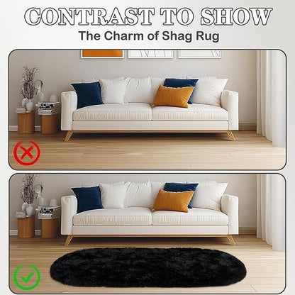 Soft Fluffy Area Rug for Bedroom, Black Fuzzy Shaggy Oval Throw Rugs for Bedside, Non-Slip Cozy Plush Shag Carpet for Kids Room Nursery Dorm Living Room, 2.6 x 5.3 Feet