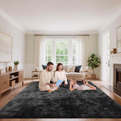 Area Rugs 9x12 Living Room, Fluffy Large Rugs for Bedroom, Soft Shag Fuzzy Non-Slip Carpet for Kids Boys and Girls Nursery Room Dorm Indoor Home Decor (Tie-Dyed Black Grey, 9ft x 12ft)