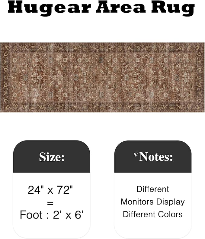 HUGEAR 2x6 Runner Rug Machine Washable Brick Red Hallway Area Rugs Indoor Accent Rugs Floral Low Pile Carpet Distressed Throw Rug Bedroom Living Room Office Dining Kitchen Laundry Non Slip