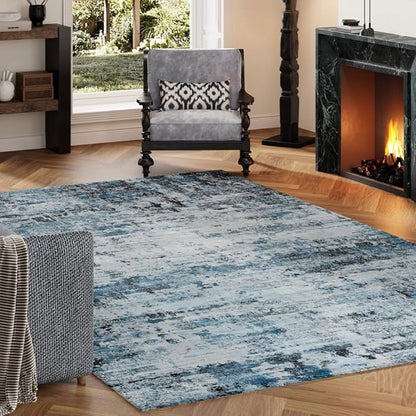 Area Rug 4x6 Washable Rug Blue for Living Room, Dining Room, Bedroom, Large Carpets, Non Slip & Non-Shedding Low Pile Vintage Print Rug for Home Office Decor