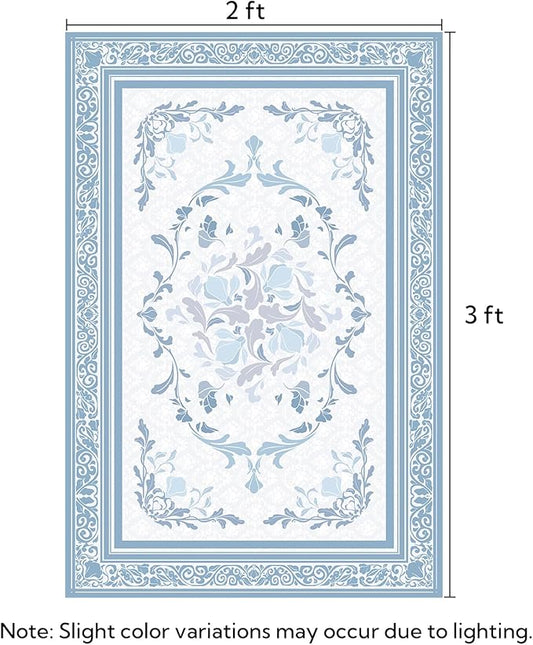 SOULFUL Medium Pile 2x3 Entryway Rug - Cozy Soft Underfoot Small Area Rug - Mist Blue Boho Floral - Washable Non-Slip - Perfect for Hallway Kitchen Bedroom Bathroom Indoor Entrance