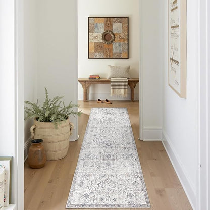 jinchan Kalen Runner Rug 2x8 Washable Hallway Rug Vintage Indoor Thin Retro Floor Cover Distressed Gray Floral Country Lightweight Non Slip Carpet for Entryway Bathroom Bedroom Living Room Grey