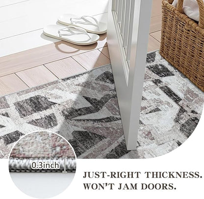 Modern Abstract Entry Rug Kitchen Bedroom Bathroom Door Mat Indoor Entrance 2X3 Front Porch Rugs Washable, Non-Slip Grey Thin Print Small Throw Carpet for Nursery Kids