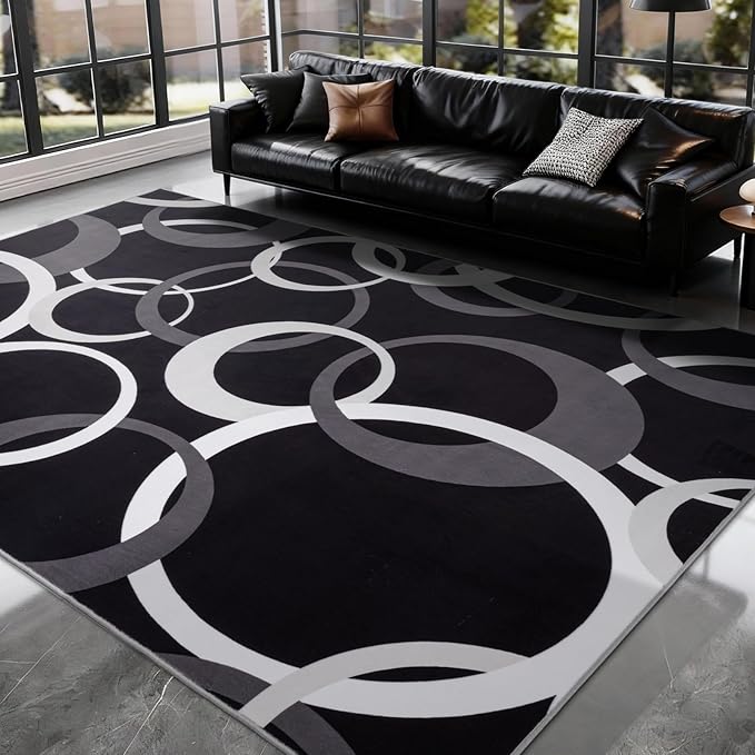 YIHOUSE 6x9 Ft Area Rugs, Concentric Circle Carpet Washable Rug, Black and White Geometric Design Rug for Spacious Living Rooms, Master Bedrooms, Dining Room, Home Office Decor, Nonslip Non-Shedding
